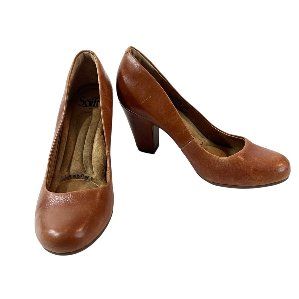 Sofft Women's Brown Leather Round-Toe Block Heel Pumps